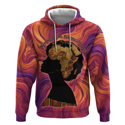 Léopold Sédar Senghor Hoodie Femme Noire Silhouette with Africa Map Pattern Vibrant Swirl Background - African Pride