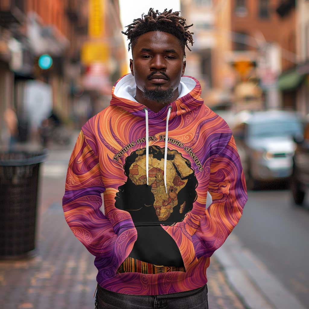 Léopold Sédar Senghor Hoodie Femme Noire Silhouette with Africa Map Pattern Vibrant Swirl Background - African Pride