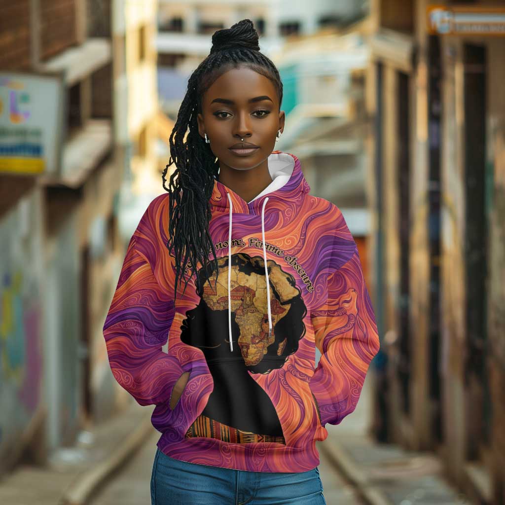Léopold Sédar Senghor Hoodie Femme Noire Silhouette with Africa Map Pattern Vibrant Swirl Background - African Pride