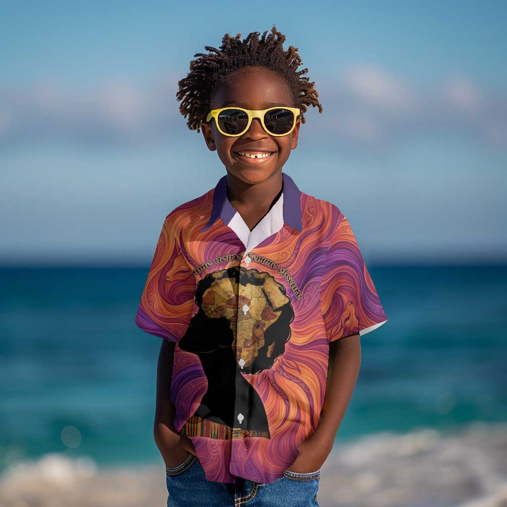 Léopold Sédar Senghor Kid Hawaiian Shirt Femme Noire Silhouette with Africa Map Pattern Vibrant Swirl Background - African Pride
