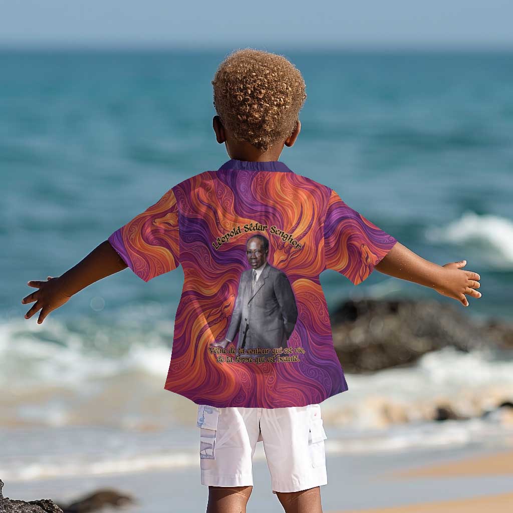 Léopold Sédar Senghor Kid Hawaiian Shirt Femme Noire Silhouette with Africa Map Pattern Vibrant Swirl Background - African Pride