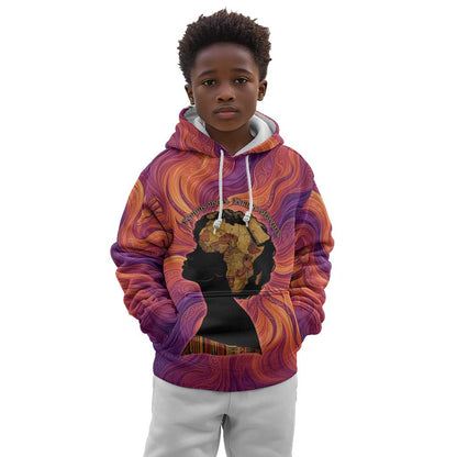 Léopold Sédar Senghor Kid Hoodie Femme Noire Silhouette with Africa Map Pattern Vibrant Swirl Background - African Pride