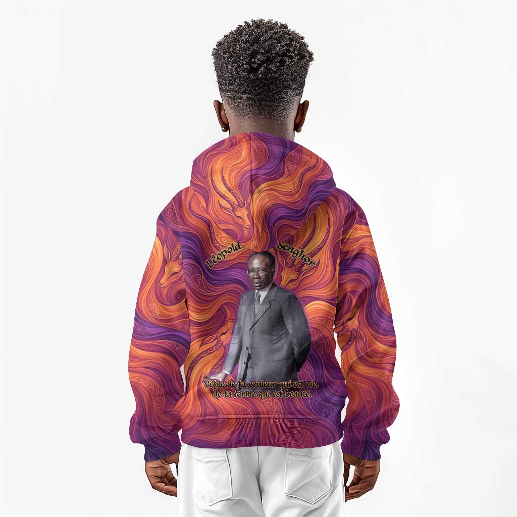 Léopold Sédar Senghor Kid Hoodie Femme Noire Silhouette with Africa Map Pattern Vibrant Swirl Background - African Pride
