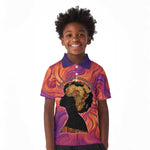 Léopold Sédar Senghor Kid Polo Shirt Femme Noire Silhouette with Africa Map Pattern Vibrant Swirl Background - African Pride