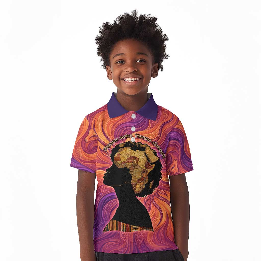 Léopold Sédar Senghor Kid Polo Shirt Femme Noire Silhouette with Africa Map Pattern Vibrant Swirl Background - African Pride