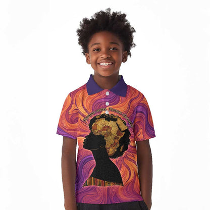 Léopold Sédar Senghor Kid Polo Shirt Femme Noire Silhouette with Africa Map Pattern Vibrant Swirl Background - African Pride