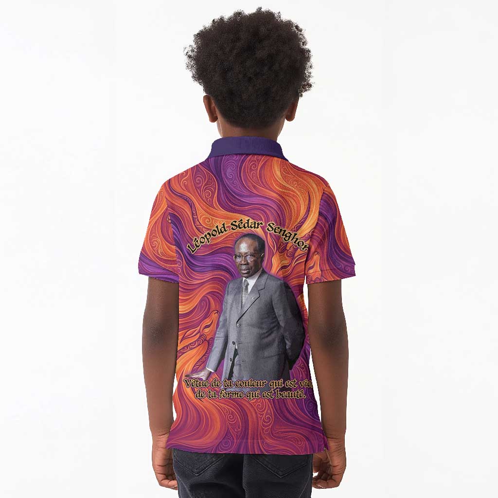 Léopold Sédar Senghor Kid Polo Shirt Femme Noire Silhouette with Africa Map Pattern Vibrant Swirl Background - African Pride