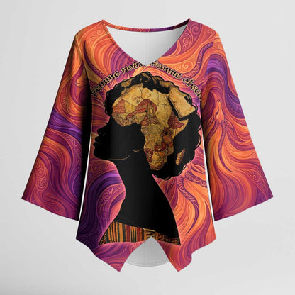 Léopold Sédar Senghor Kimono Sleeve Blouse Femme Noire Silhouette with Africa Map Pattern Vibrant Swirl Background - African Pride