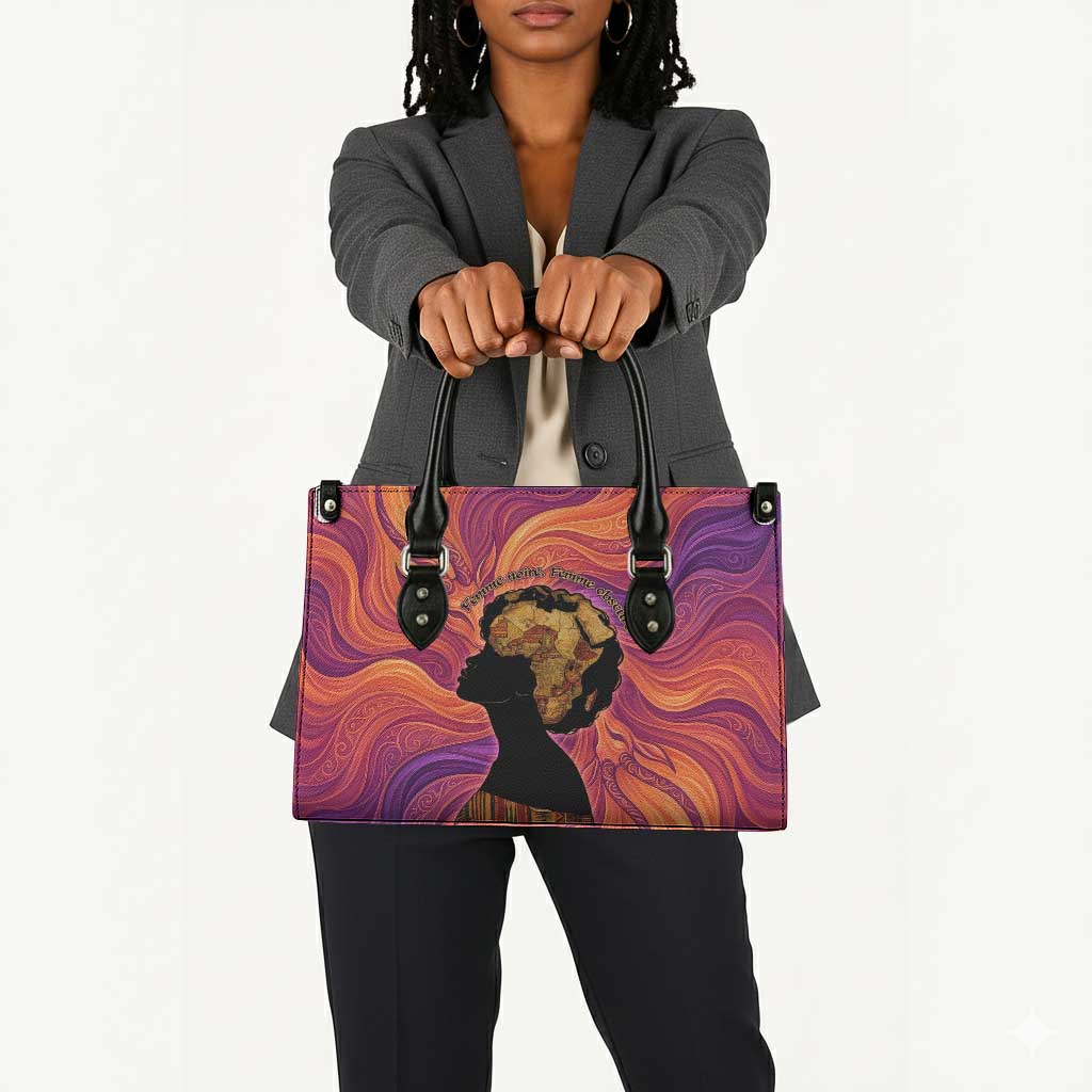 Léopold Sédar Senghor Leather Bag Femme Noire Silhouette with Africa Map Pattern Vibrant Swirl Background - African Pride