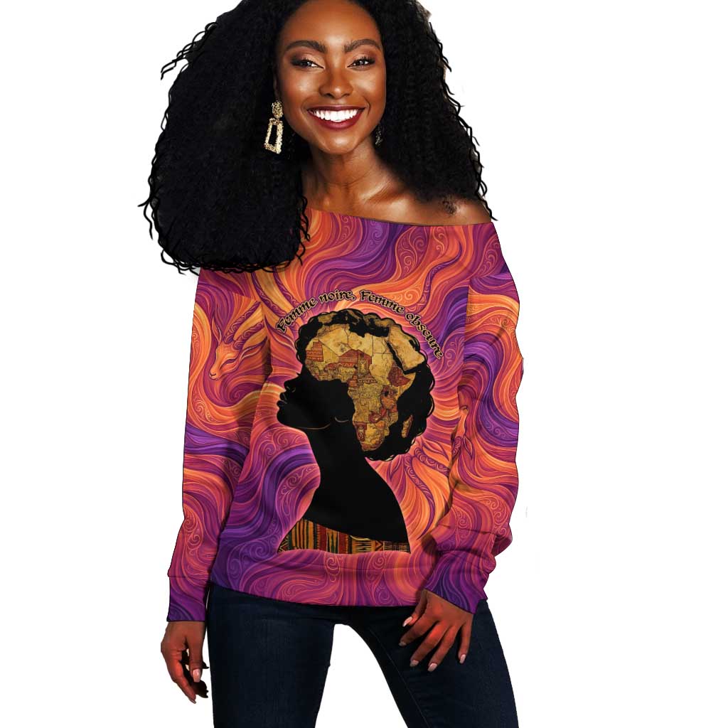Léopold Sédar Senghor Off Shoulder Sweater Femme Noire Silhouette with Africa Map Pattern Vibrant Swirl Background - African Pride