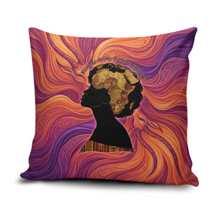 Léopold Sédar Senghor Pillow Cover Femme Noire Silhouette with Africa Map Pattern Vibrant Swirl Background - African Pride