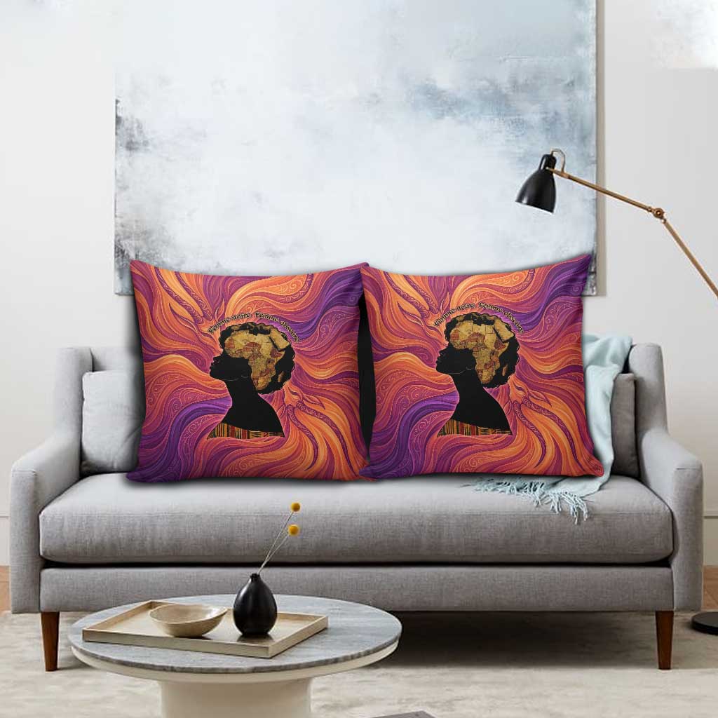 Léopold Sédar Senghor Pillow Cover Femme Noire Silhouette with Africa Map Pattern Vibrant Swirl Background - African Pride