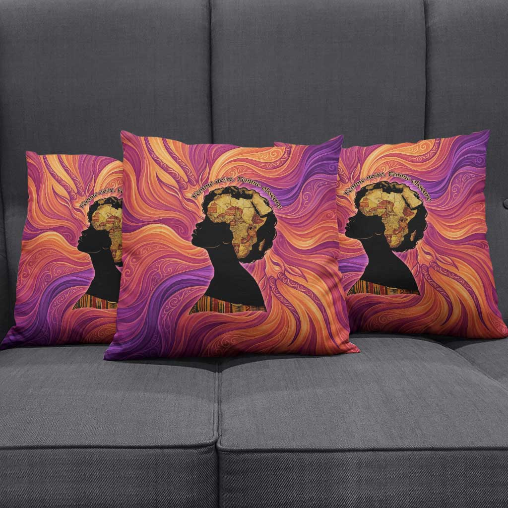 Léopold Sédar Senghor Pillow Cover Femme Noire Silhouette with Africa Map Pattern Vibrant Swirl Background - African Pride
