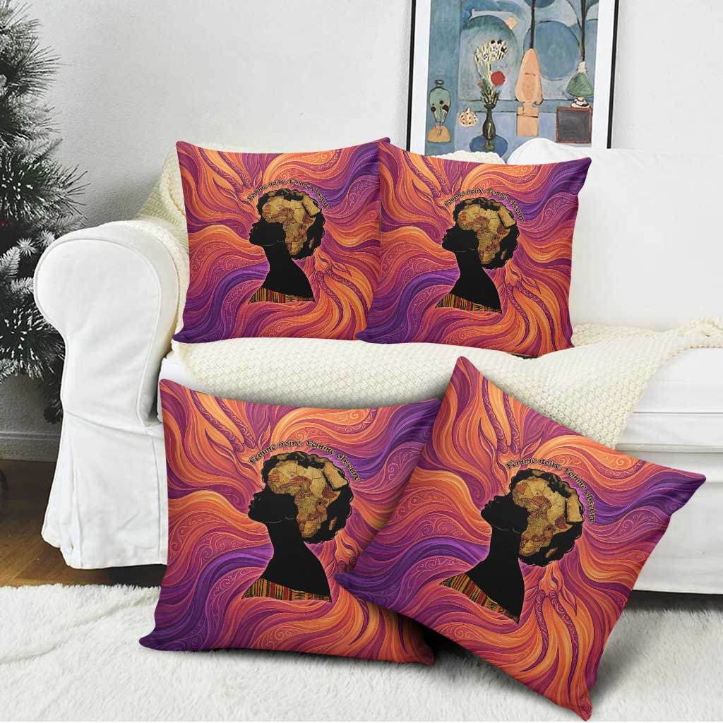 Léopold Sédar Senghor Pillow Cover Femme Noire Silhouette with Africa Map Pattern Vibrant Swirl Background - African Pride