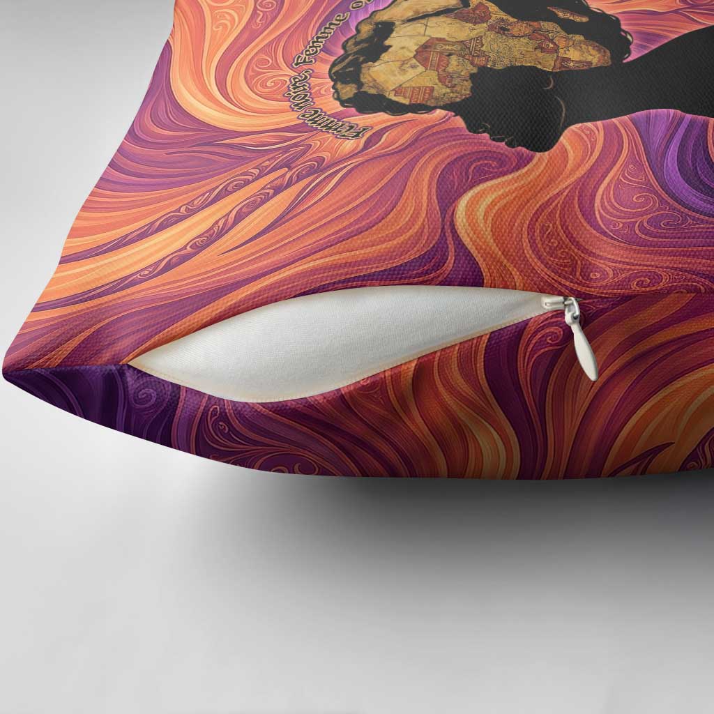 Léopold Sédar Senghor Pillow Cover Femme Noire Silhouette with Africa Map Pattern Vibrant Swirl Background - African Pride