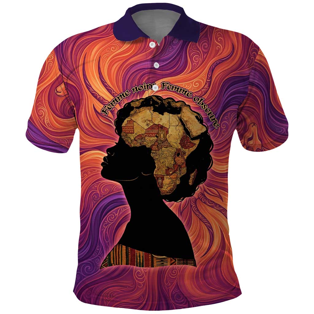 Léopold Sédar Senghor Polo Shirt Femme Noire Silhouette with Africa Map Pattern Vibrant Swirl Background - African Pride