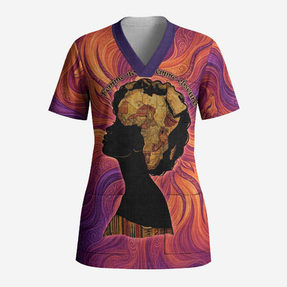 Léopold Sédar Senghor Scrub Top Femme Noire Silhouette with Africa Map Pattern Vibrant Swirl Background - African Pride