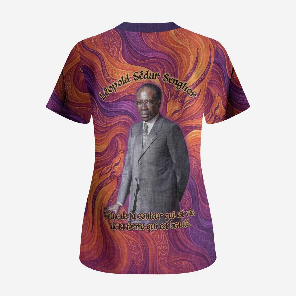 Léopold Sédar Senghor Scrub Top Femme Noire Silhouette with Africa Map Pattern Vibrant Swirl Background - African Pride