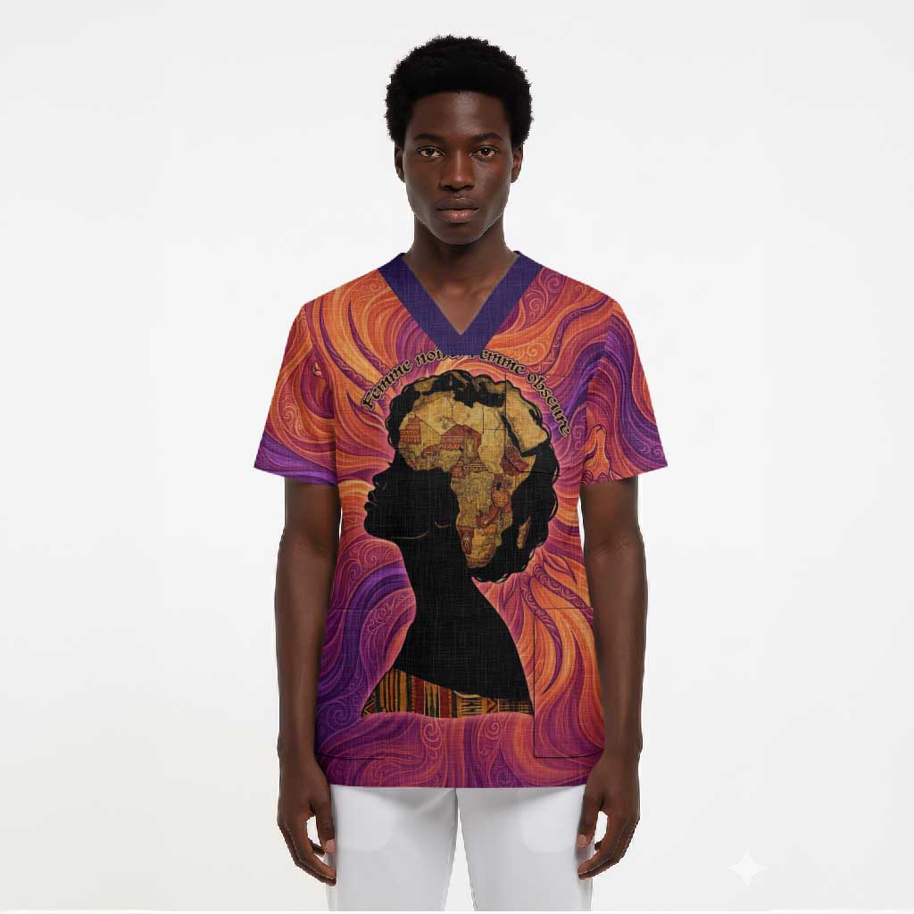 Léopold Sédar Senghor Scrub Top Femme Noire Silhouette with Africa Map Pattern Vibrant Swirl Background - African Pride