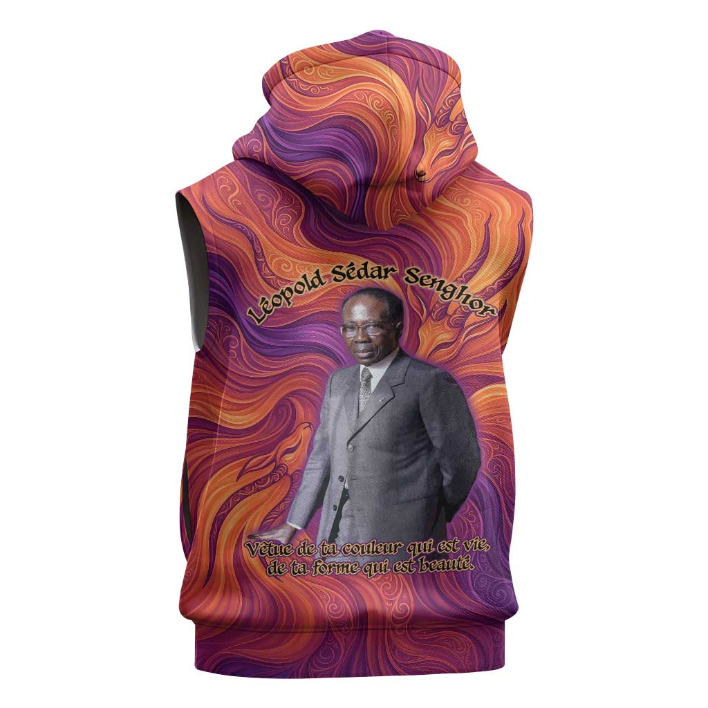 Léopold Sédar Senghor Sleeveless Hoodie Femme Noire Silhouette with Africa Map Pattern Vibrant Swirl Background - African Pride