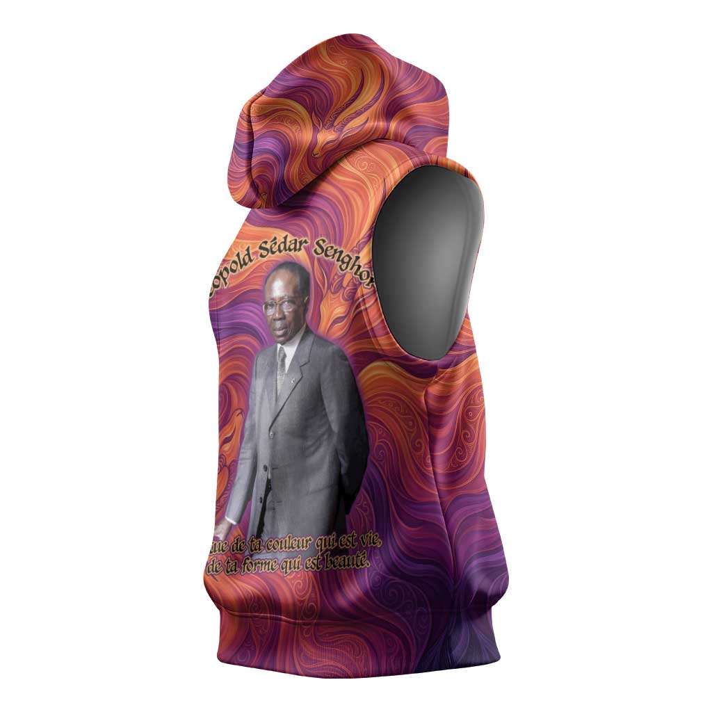 Léopold Sédar Senghor Sleeveless Hoodie Femme Noire Silhouette with Africa Map Pattern Vibrant Swirl Background - African Pride