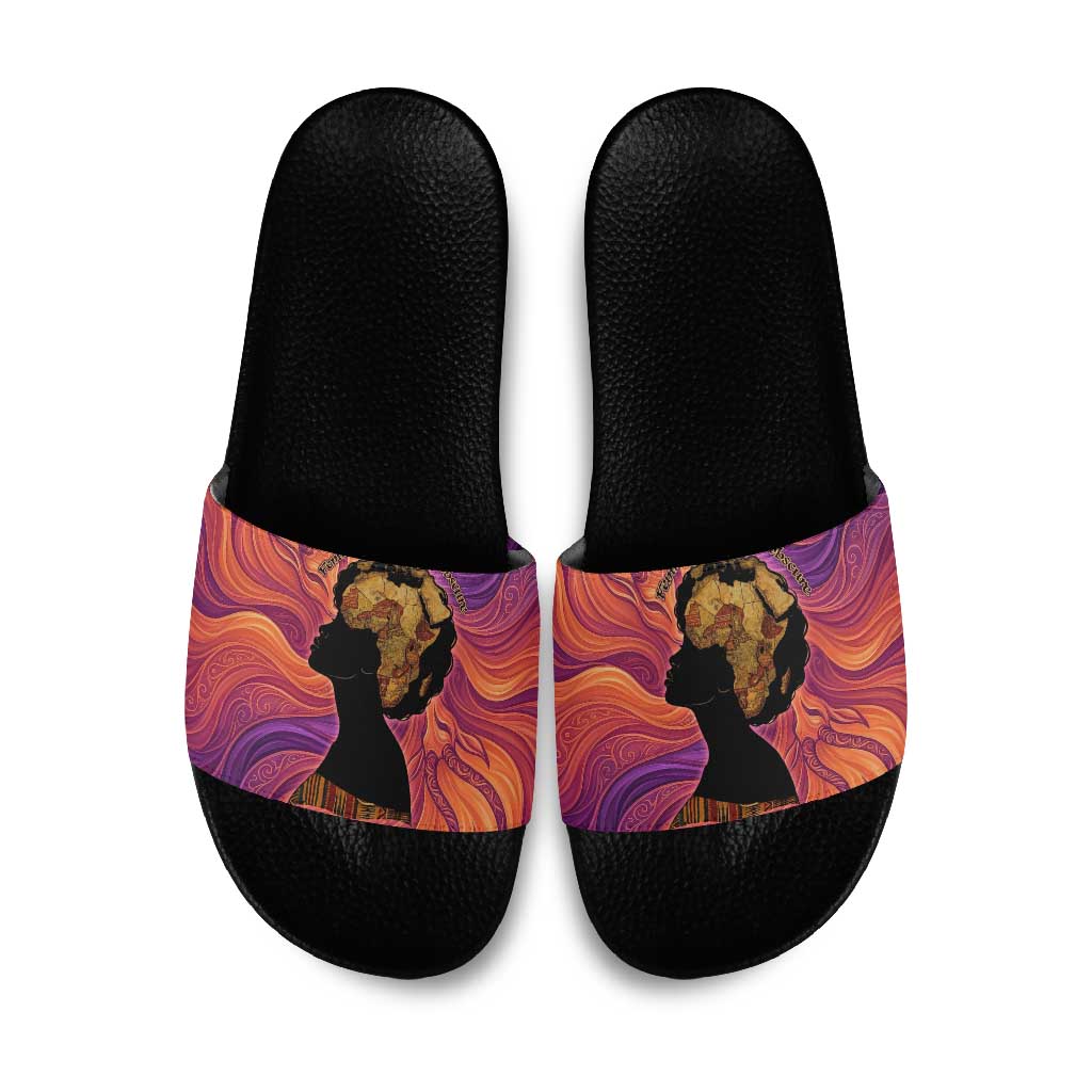Léopold Sédar Senghor Slide Sandals Femme Noire Silhouette with Africa Map Pattern Vibrant Swirl Background - African Pride