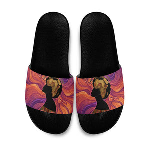 Léopold Sédar Senghor Slide Sandals Femme Noire Silhouette with Africa Map Pattern Vibrant Swirl Background - African Pride