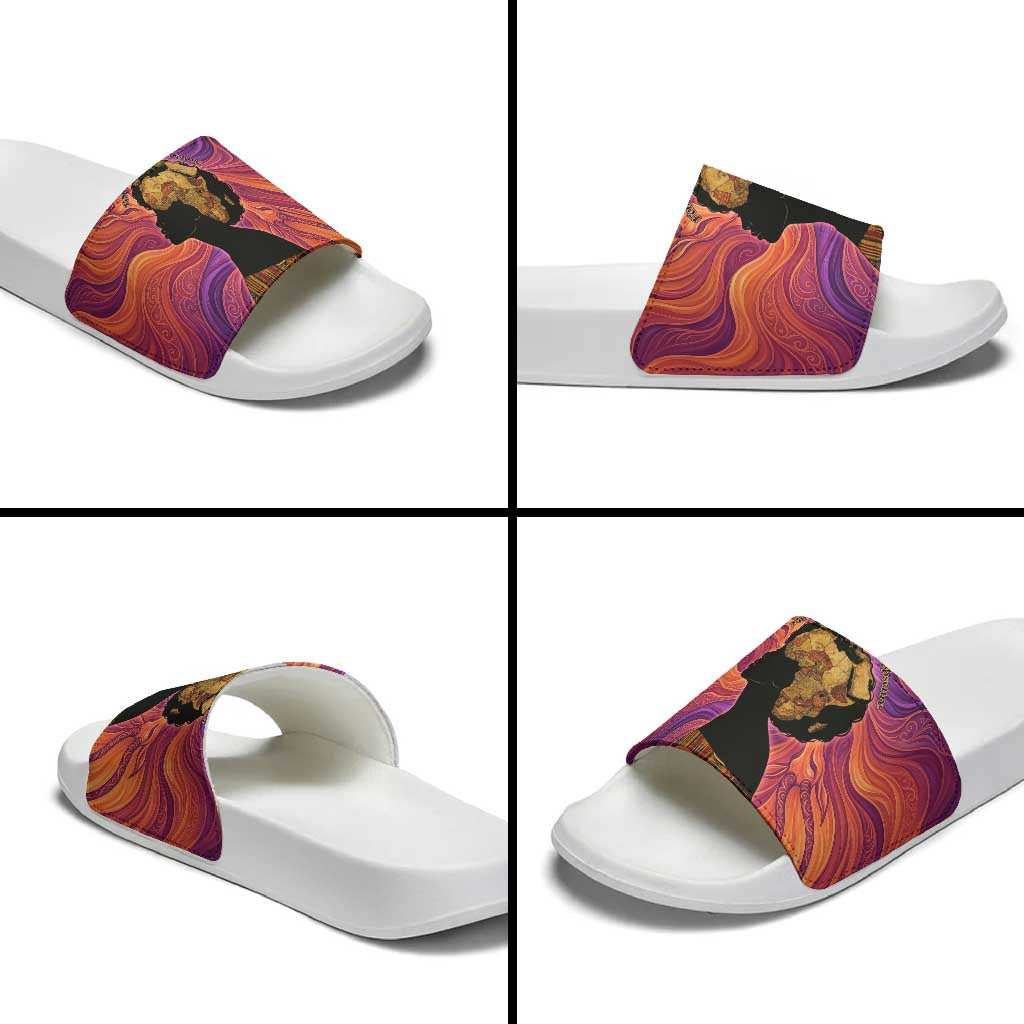 Léopold Sédar Senghor Slide Sandals Femme Noire Silhouette with Africa Map Pattern Vibrant Swirl Background - African Pride