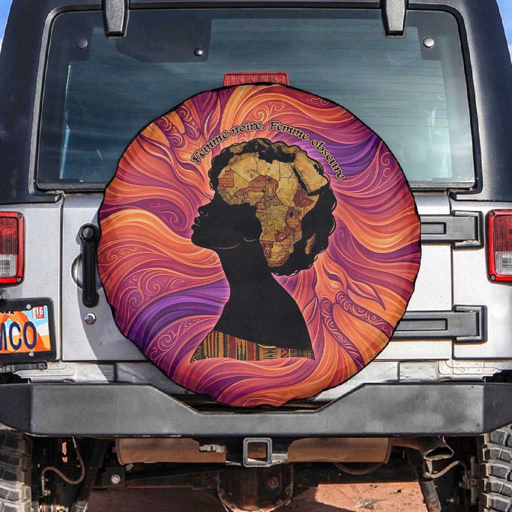 Léopold Sédar Senghor Spare Tire Cover Femme Noire Silhouette with Africa Map Pattern Vibrant Swirl Background - African Pride