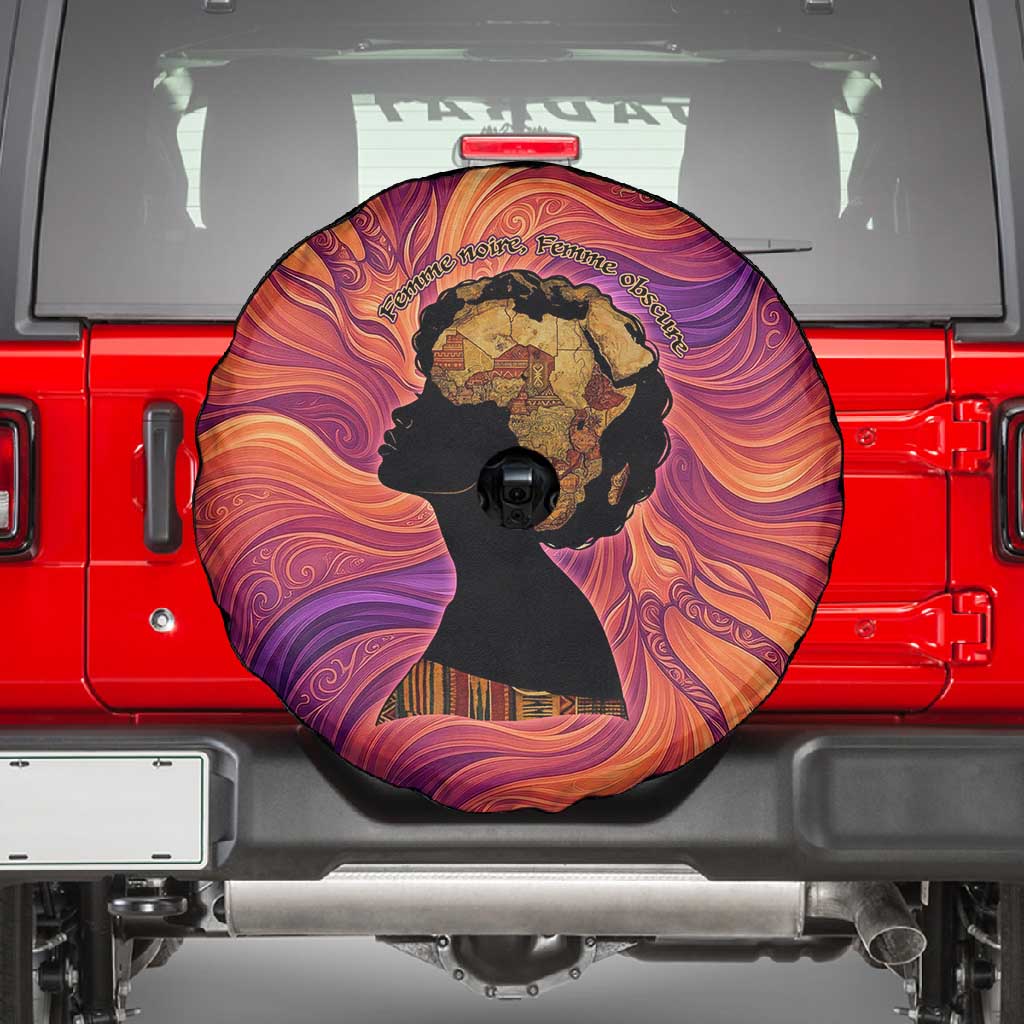 Léopold Sédar Senghor Spare Tire Cover Femme Noire Silhouette with Africa Map Pattern Vibrant Swirl Background - African Pride