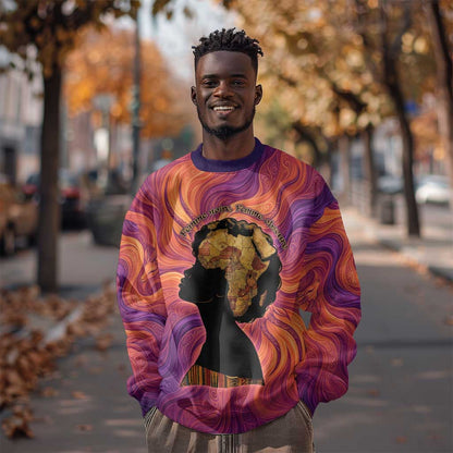 Léopold Sédar Senghor Sweatshirt Femme Noire Silhouette with Africa Map Pattern Vibrant Swirl Background - African Pride