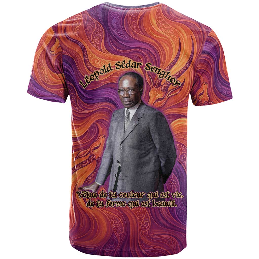 Léopold Sédar Senghor T shirt Femme Noire Silhouette with Africa Map Pattern Vibrant Swirl Background - African Pride