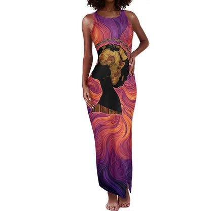 Léopold Sédar Senghor Tank Maxi Dress Femme Noire Silhouette with Africa Map Pattern Vibrant Swirl Background - African Pride