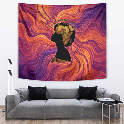 Léopold Sédar Senghor Tapestry Femme Noire Silhouette with Africa Map Pattern Vibrant Swirl Background - African Pride