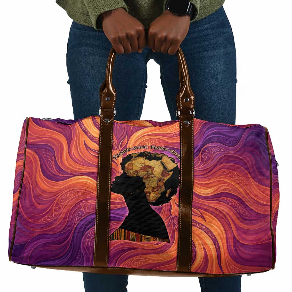 Léopold Sédar Senghor Travel Bag Femme Noire Silhouette with Africa Map Pattern Vibrant Swirl Background - African Pride