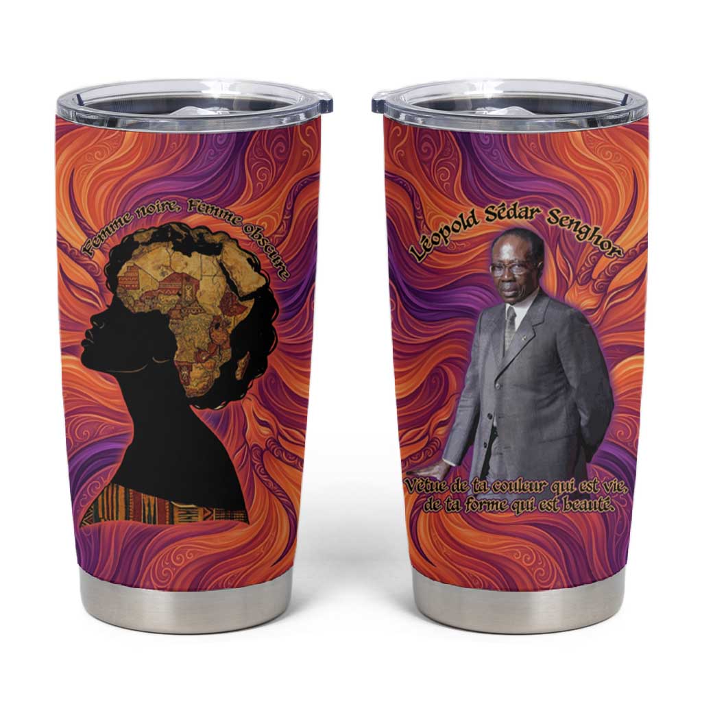 Léopold Sédar Senghor Tumbler Cup Femme Noire Silhouette with Africa Map Pattern Vibrant Swirl Background - African Pride