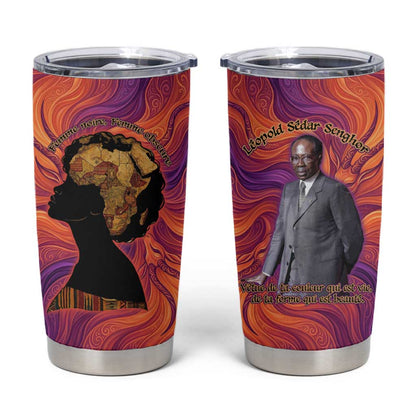 Léopold Sédar Senghor Tumbler Cup Femme Noire Silhouette with Africa Map Pattern Vibrant Swirl Background - African Pride
