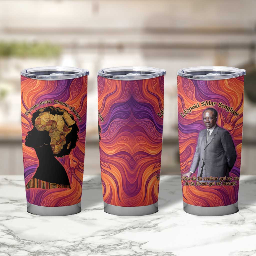 Léopold Sédar Senghor Tumbler Cup Femme Noire Silhouette with Africa Map Pattern Vibrant Swirl Background - African Pride