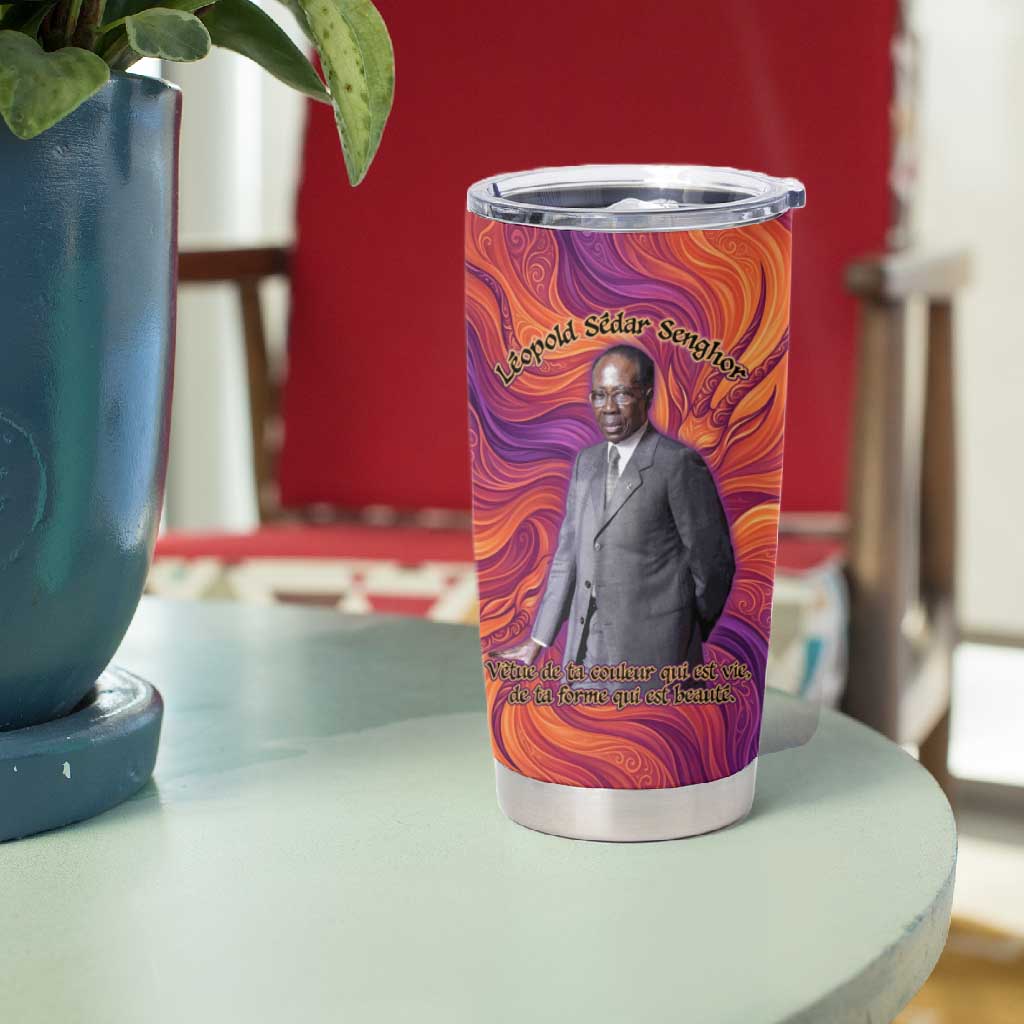 Léopold Sédar Senghor Tumbler Cup Femme Noire Silhouette with Africa Map Pattern Vibrant Swirl Background - African Pride
