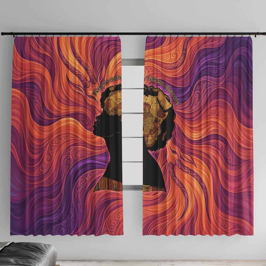 Léopold Sédar Senghor Window Curtain Femme Noire Silhouette with Africa Map Pattern Vibrant Swirl Background - African Pride