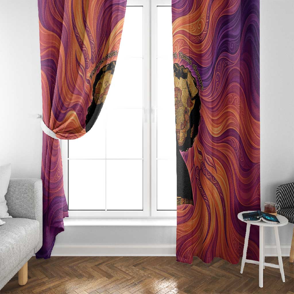 Léopold Sédar Senghor Window Curtain Femme Noire Silhouette with Africa Map Pattern Vibrant Swirl Background - African Pride
