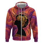 Léopold Sédar Senghor Zip Hoodie Femme Noire Silhouette with Africa Map Pattern Vibrant Swirl Background - African Pride