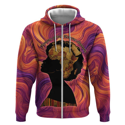 Léopold Sédar Senghor Zip Hoodie Femme Noire Silhouette with Africa Map Pattern Vibrant Swirl Background - African Pride