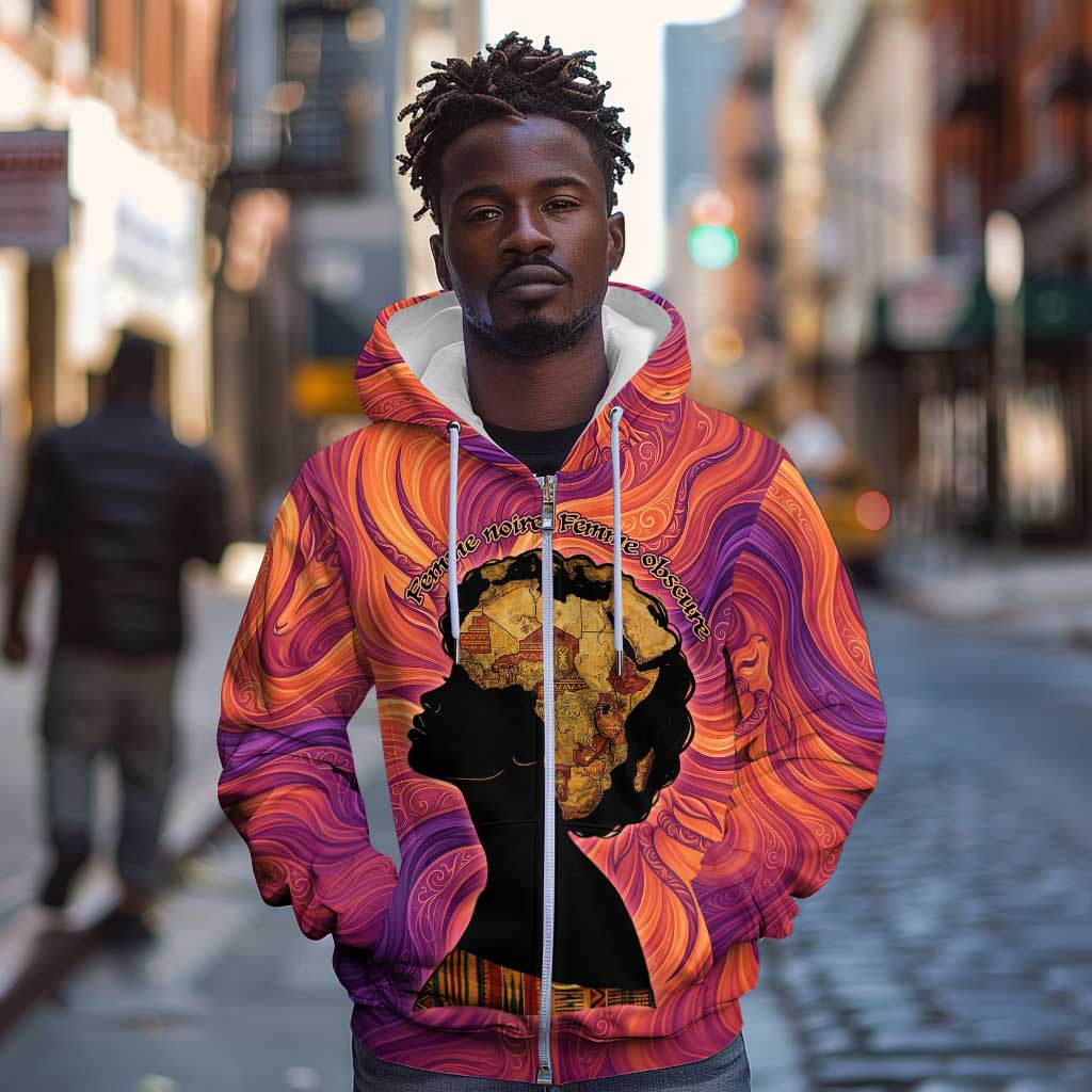 Léopold Sédar Senghor Zip Hoodie Femme Noire Silhouette with Africa Map Pattern Vibrant Swirl Background - African Pride