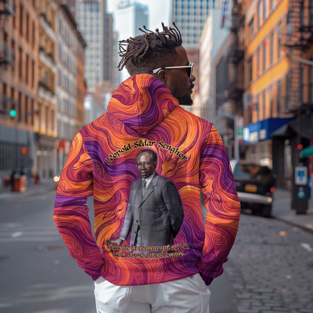 Léopold Sédar Senghor Zip Hoodie Femme Noire Silhouette with Africa Map Pattern Vibrant Swirl Background - African Pride