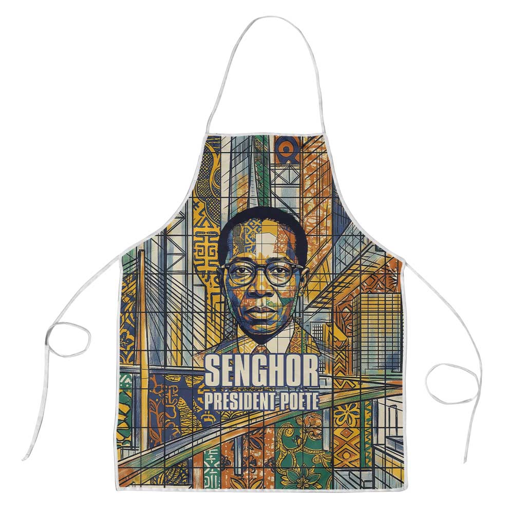 Léopold Sédar Senghor Apron President Poete Portrait Futuristic African Robotic Handshake Earth and Flowers Unity - African Pride