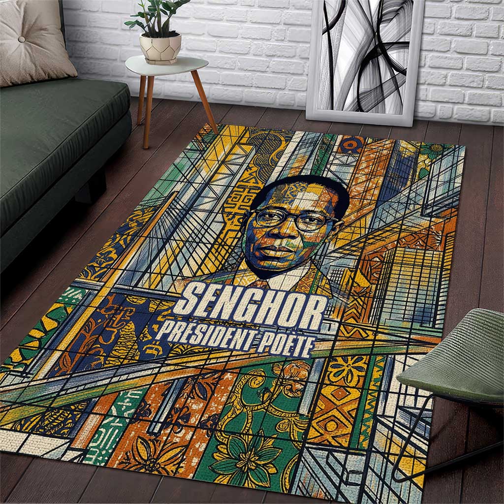 Léopold Sédar Senghor Area Rug President Poete Portrait Futuristic African Robotic Handshake Earth and Flowers Unity - African Pride