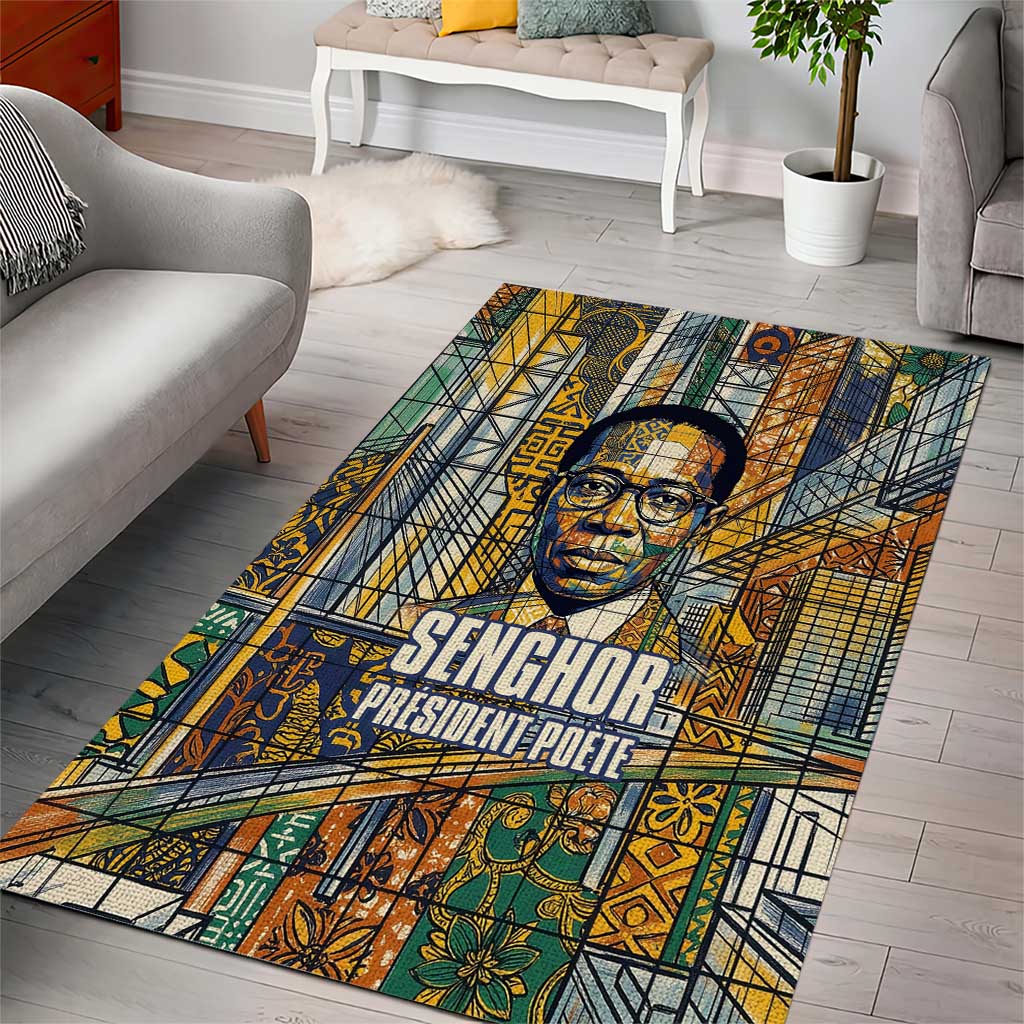 Léopold Sédar Senghor Area Rug President Poete Portrait Futuristic African Robotic Handshake Earth and Flowers Unity - African Pride