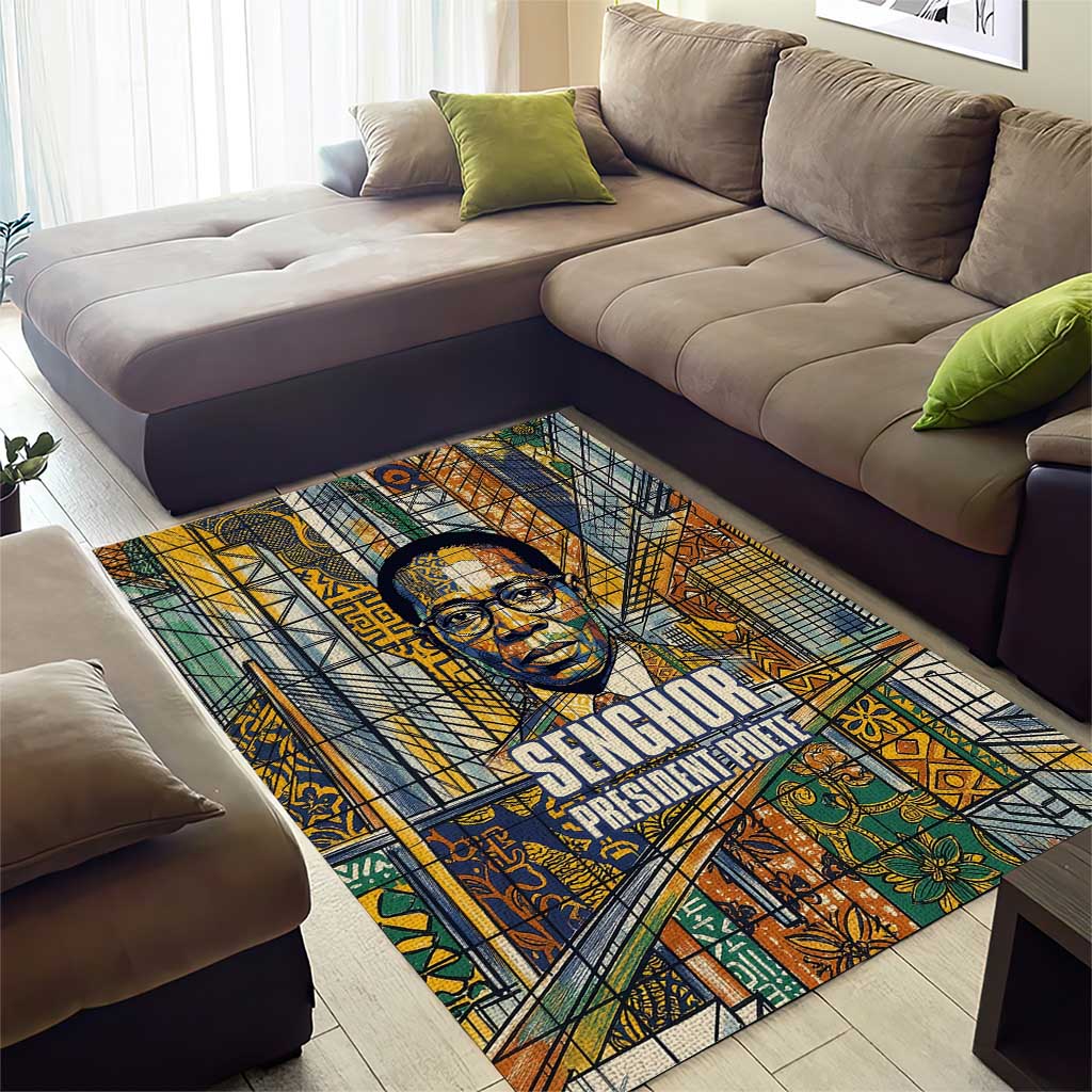Léopold Sédar Senghor Area Rug President Poete Portrait Futuristic African Robotic Handshake Earth and Flowers Unity - African Pride