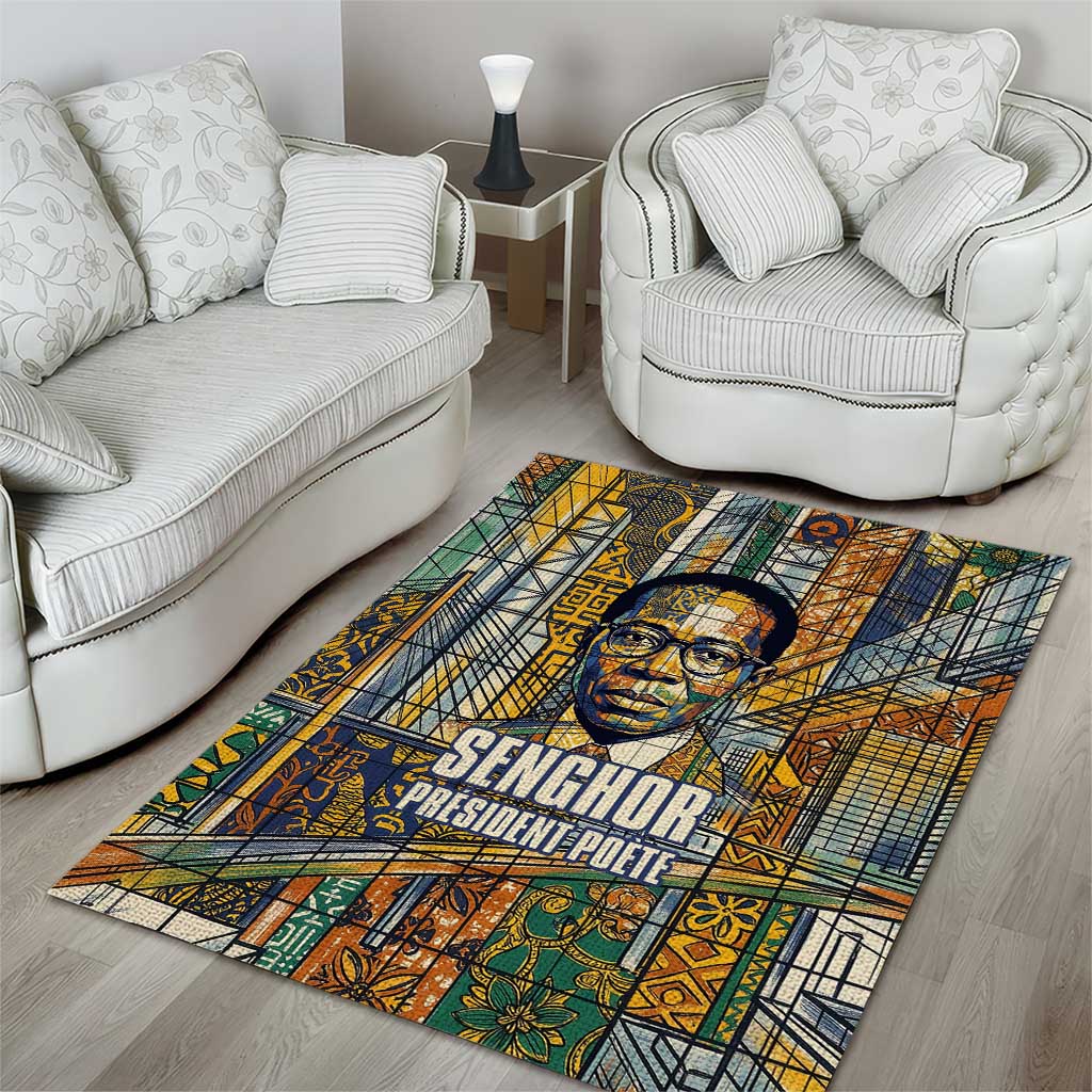 Léopold Sédar Senghor Area Rug President Poete Portrait Futuristic African Robotic Handshake Earth and Flowers Unity - African Pride